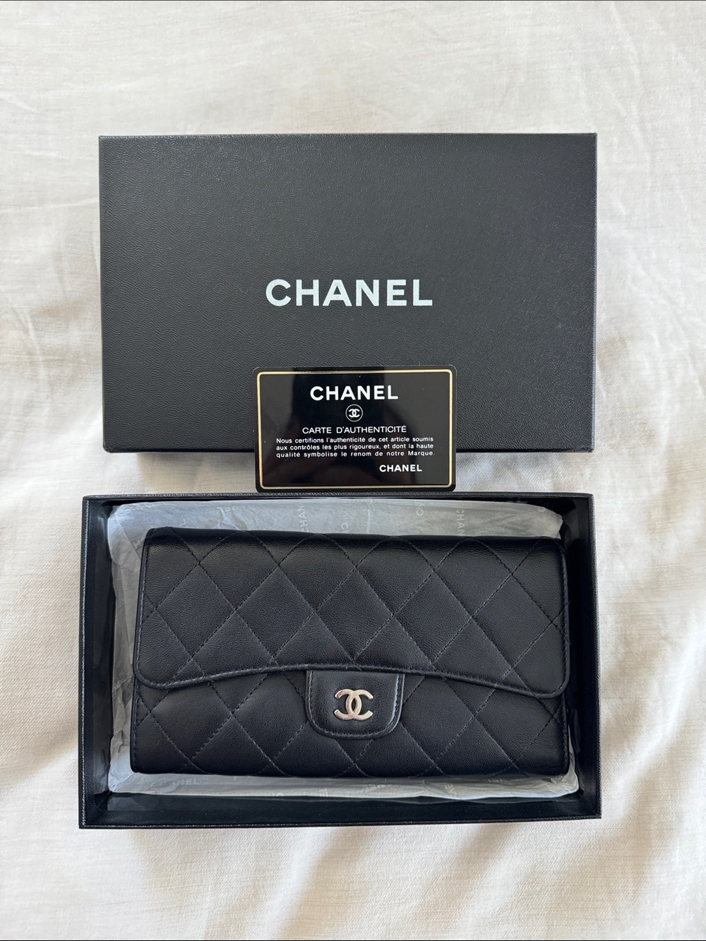 CHANEL Black Quilted Lambskin Wallet with Silver CC